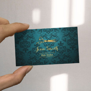 Carte De Visite Coiffeur turquoise vintage de ciseaux d'or de