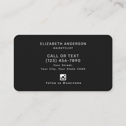 Carte De Visite Coiffeuse à script noir et blanc classique (Dos)