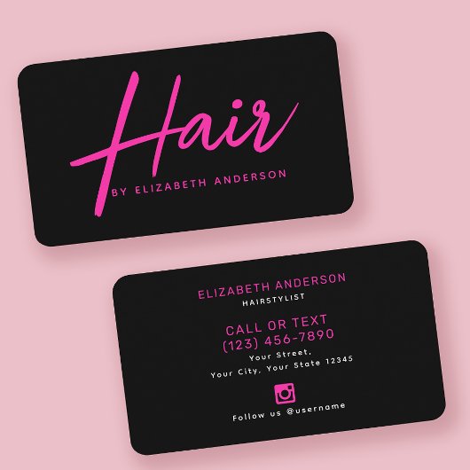 Carte De Visite Coiffeuse de script rétro rose et noir chaud