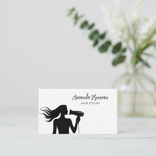 Carte De Visite Coiffeuse en silhouette pour femme noire et blanch (Debout devant)