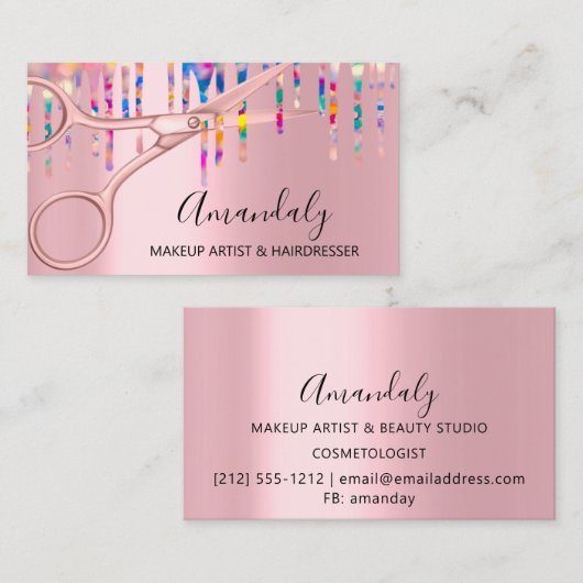 Carte De Visite Coiffeuse Holographe rose Ciseaux (Devant / Derrière)