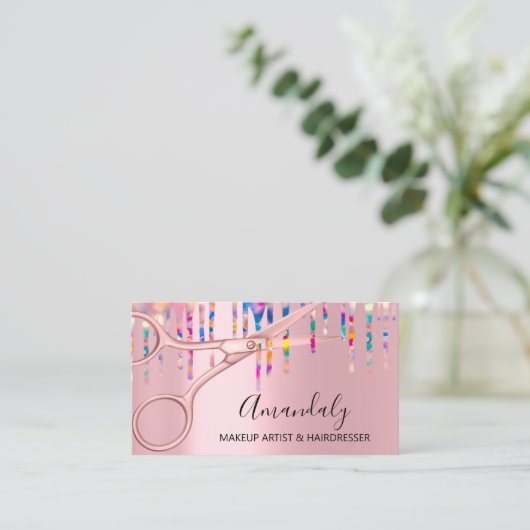 Carte De Visite Coiffeuse Holographe rose Ciseaux (Debout devant)