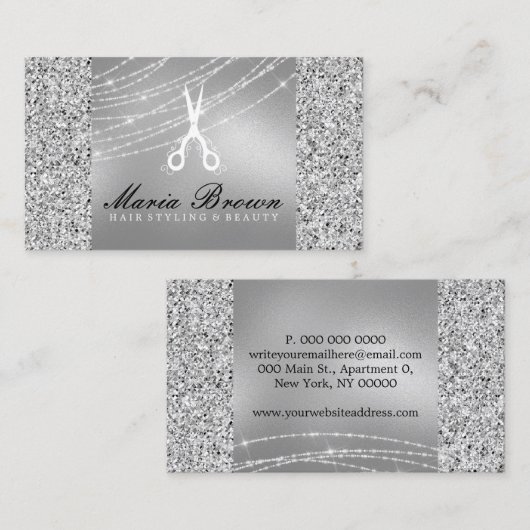 Carte De Visite Coiffeuse Parties scintillant Silver Luxe (Devant / Derrière)