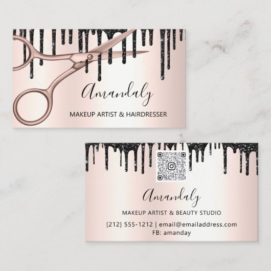 Carte De Visite Coiffeuse Rose ciseaux d'or QRCode (Devant / Derrière)