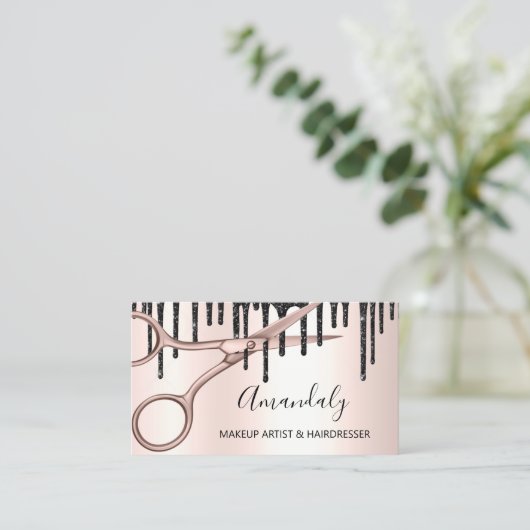 Carte De Visite Coiffeuse Rose ciseaux d'or QRCode (Debout devant)