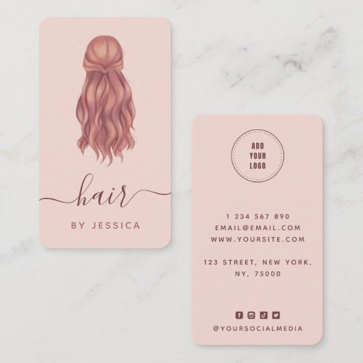 Carte De Visite Coiffeuse rose ondulée Ajouter Logo et médias soci (Devant / Derrière)