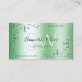 Carte De Visite Coins argentés vert brillant orné avec initiales (Devant)