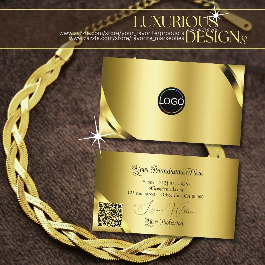 Carte De Visite Coins de code QR de logo avec reflets dorés luxueu