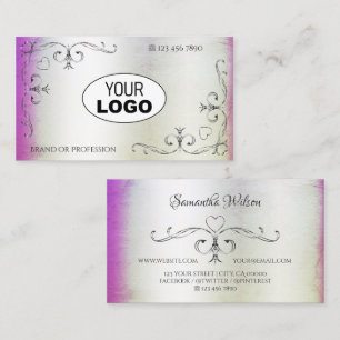 Carte De Visite Coins ornés argenté et logo rose violet brillant