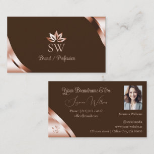 Carte De Visite Coins Rose Gold Café Marron avec Photo Monogramme