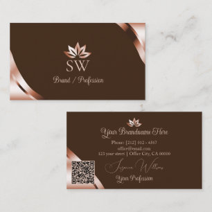 Carte De Visite Coins rose gold Café marron Monogramme QR Code