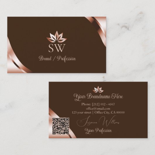 Carte De Visite Coins rose gold Café marron Monogramme QR Code (Devant / Derrière)
