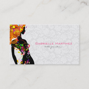 Carte De Visite Coloré Retro Floral Girl & White Floral Damask