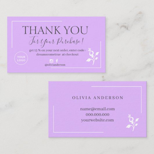 Carte De Visite Commande de script violet moderne merci entreprise (Devant / Derrière)