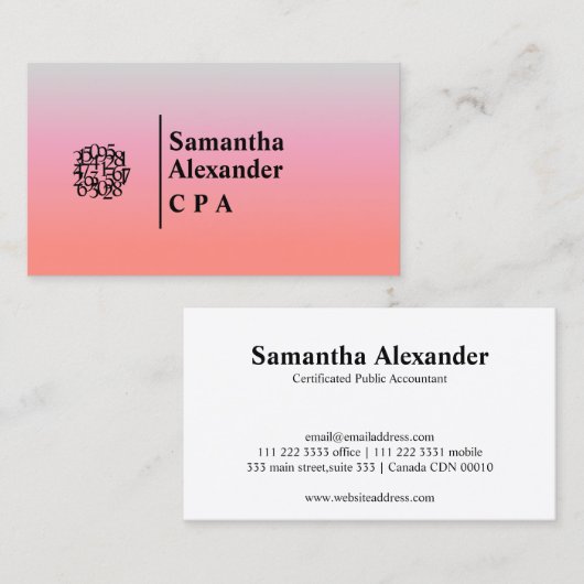 Carte De Visite Comptable de logo moderne Elegant Chic Numbers (Devant / Derrière)