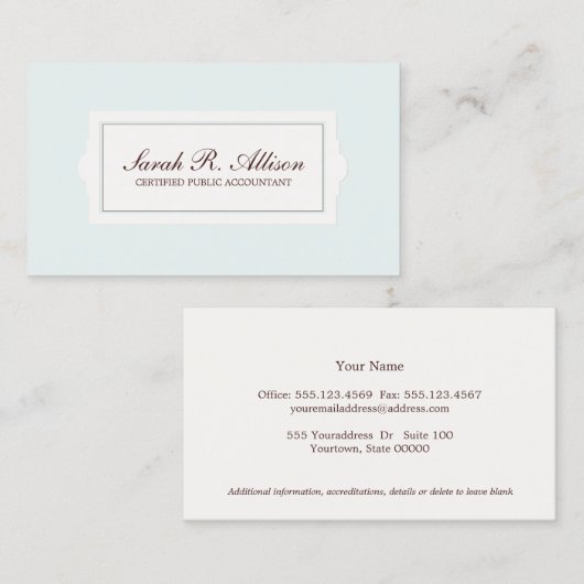 Carte De Visite Comptable élégant Style Plaque Bleu clair (Devant / Derrière)