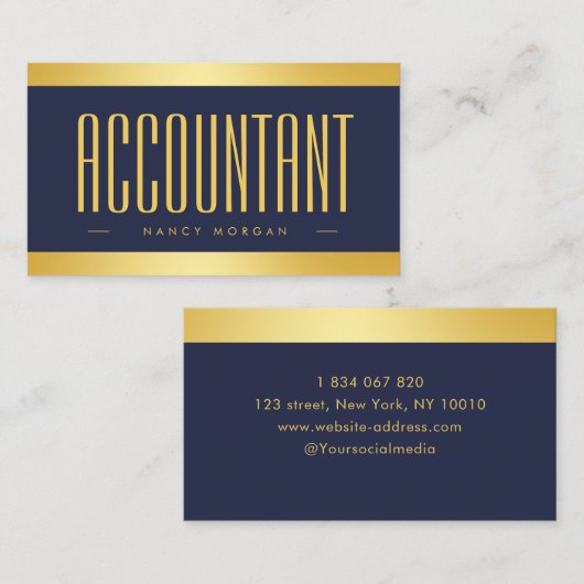 Carte De Visite Comptable Moderne Marine Bleu Et Or (Devant / Derrière)