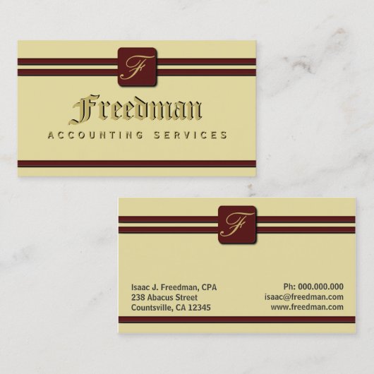 Carte De Visite Comptable professionnelle Monogram Cream Burgundy (Devant / Derrière)