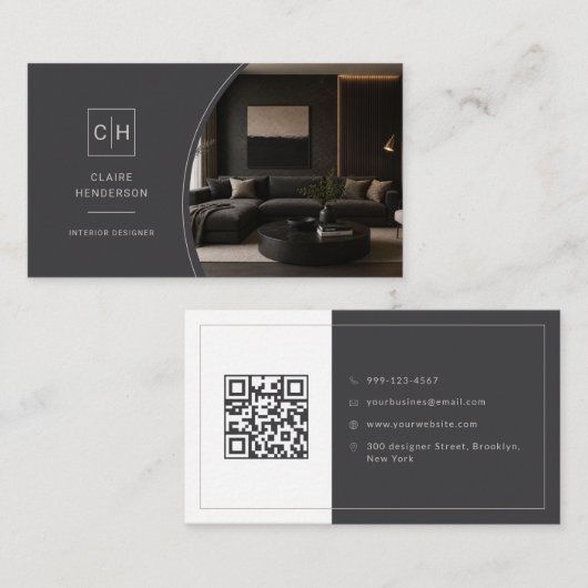 Carte De Visite Concepteur de code QR de monogramme photo de luxe (Devant / Derrière)