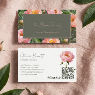 Carte De Visite Concepteur d'intérieur botanique floral de pivoine