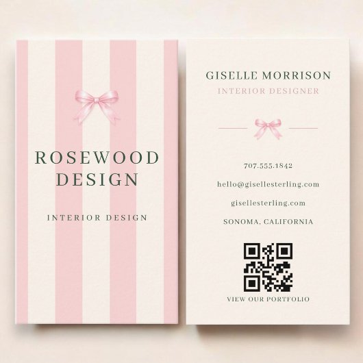 Carte De Visite Concepteur d'intérieur Code QR à ruban rose et ver