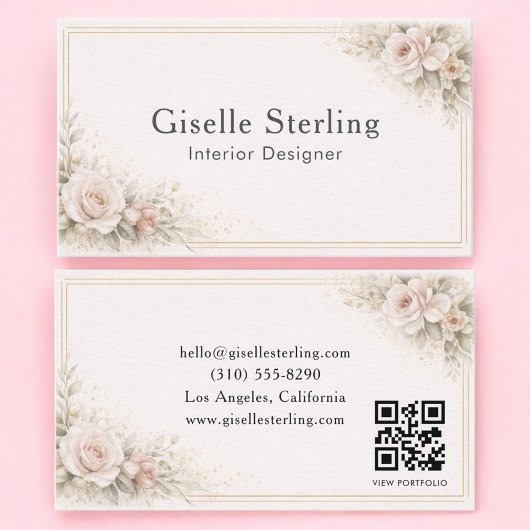 Carte De Visite Concepteur d'intérieur Code QR floral neutre