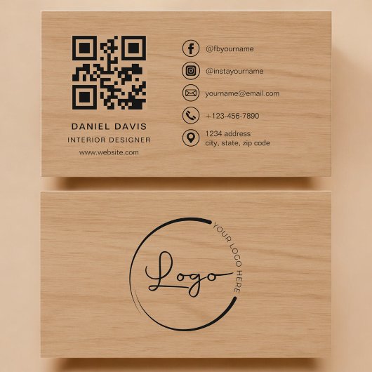 Carte De Visite Concepteur d'intérieur Code QR professionnel bois