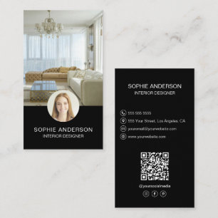 Carte De Visite Concepteur d'intérieur noir média social QR photo