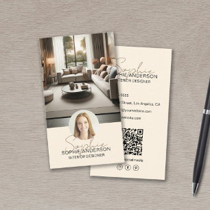 Carte De Visite Concepteur d'intérieur Nom Script Photo QR Crème