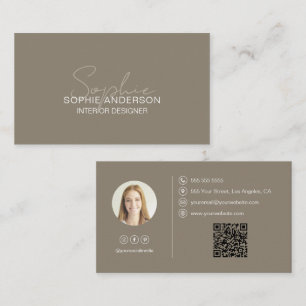Carte De Visite Concepteur d'intérieur Nom Script Photo QR Taupe