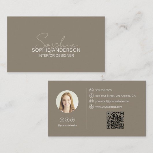Carte De Visite Concepteur d'intérieur Nom Script Photo QR Taupe (Devant / Derrière)