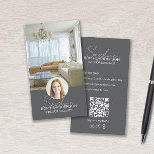 Carte De Visite Concepteur d'intérieur Photo QR Nom du script Gris