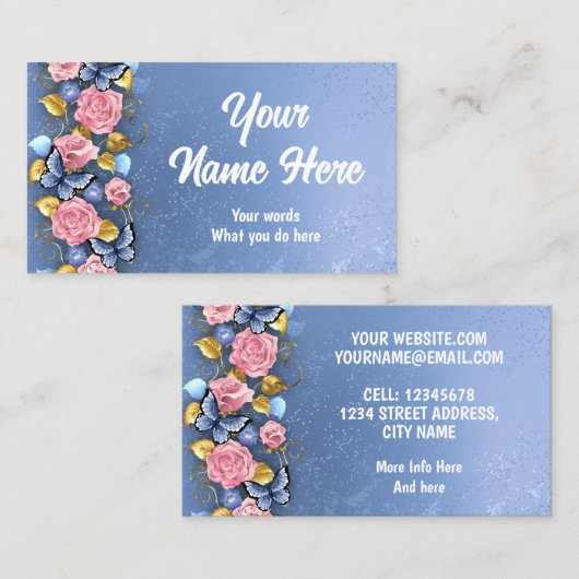 Carte De Visite Conception avec roses roses roses (Devant / Derrière)