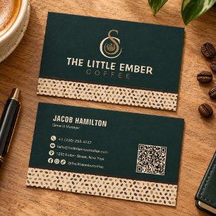 Carte De Visite Conception de code QR pour café en vert foncé et b