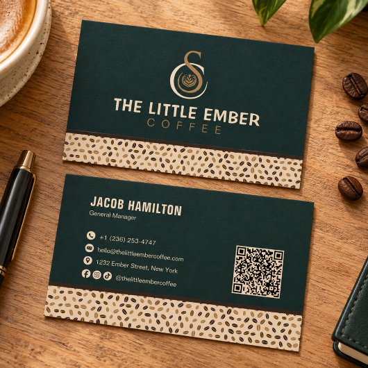 Carte De Visite Conception de code QR pour café en vert foncé et b
