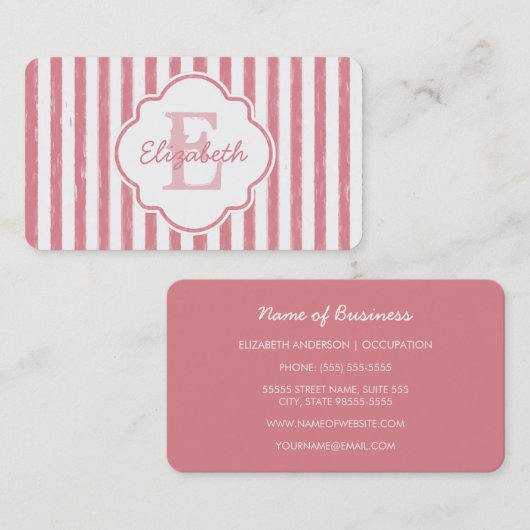 Carte De Visite Conception de nom à monogramme à rayure rose (Devant / Derrière)
