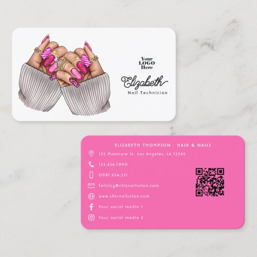 Carte De Visite Conception de salon de manucure chic rose chaud (Devant / Derrière)