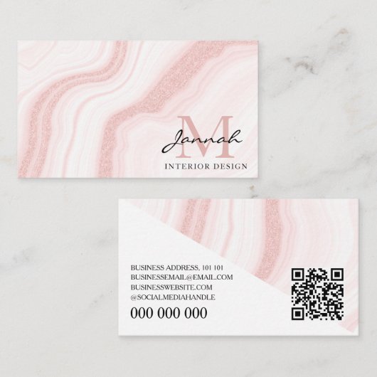 Carte De Visite Conception d'intérieur de code QR en marbre rose m (Devant / Derrière)