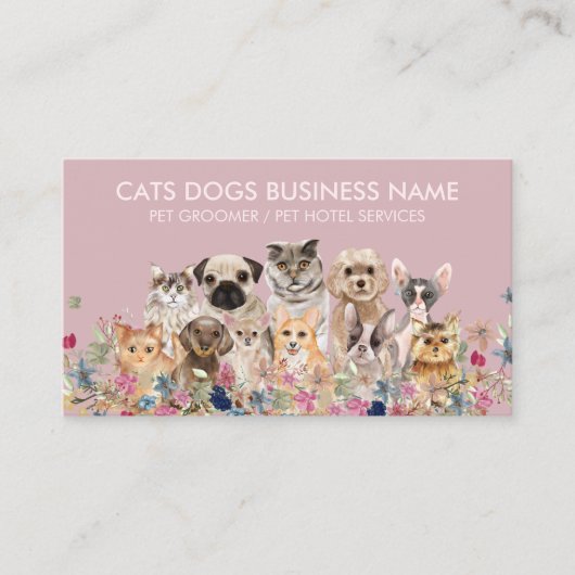 Carte De Visite Conception florale rose avec chats chiens (Devant)