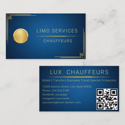 Carte De Visite Conducteur Limo Et Service Chauffeur Cuir Bleu QR (Devant / Derrière)