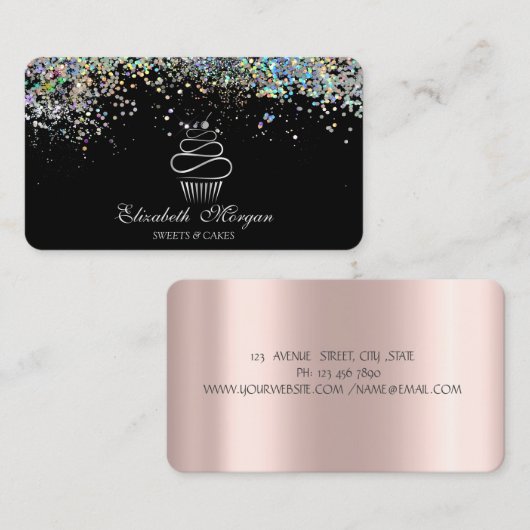 Carte De Visite Confetti coloré Cupcake, Noir (Devant / Derrière)