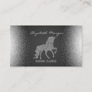 Carte De Visite Confetti Élégant Gris, Licorne Paillettes Argentée