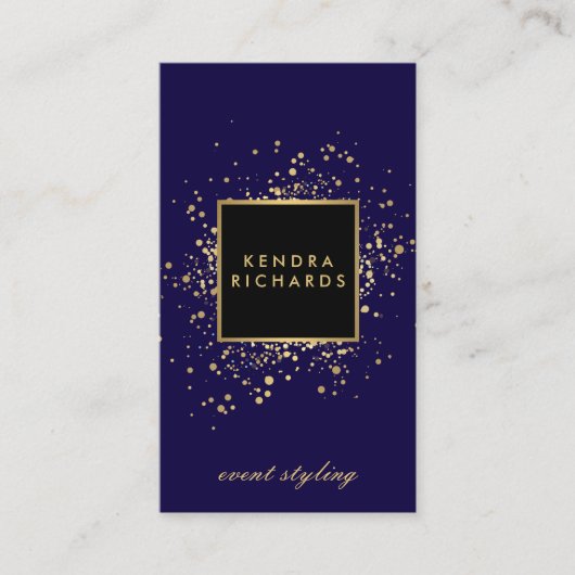 Carte De Visite Confetti en or Faux sur bleu moderne (Devant)