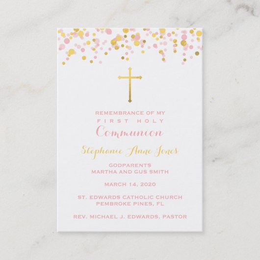 Carte De Visite Confetti rose et or communion (Devant)