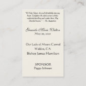 Carte De Visite Confirmation du souvenir Gold Dove Cross Lily (Dos)