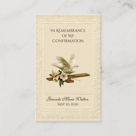 Carte De Visite Confirmation du souvenir Gold Dove Cross Lily Lace (Devant)