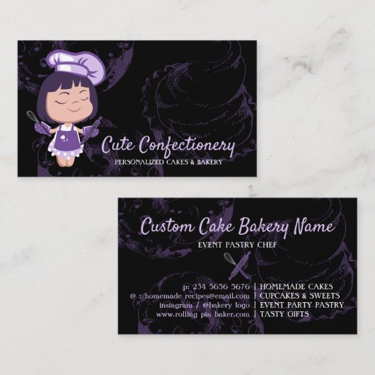 Carte De Visite Confiserie Baker violet fille pâtisserie Chef noir (Devant / Derrière)