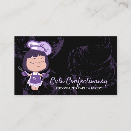 Carte De Visite Confiserie Baker violet fille pâtisserie Chef noir (Devant)