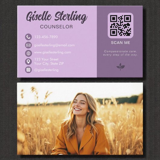 Carte De Visite Conseiller Lavender Purple QR Code Photo