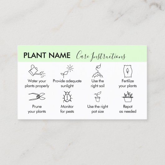 Carte De Visite Conseils de soins aux plantes Instructions pour le (Dos)